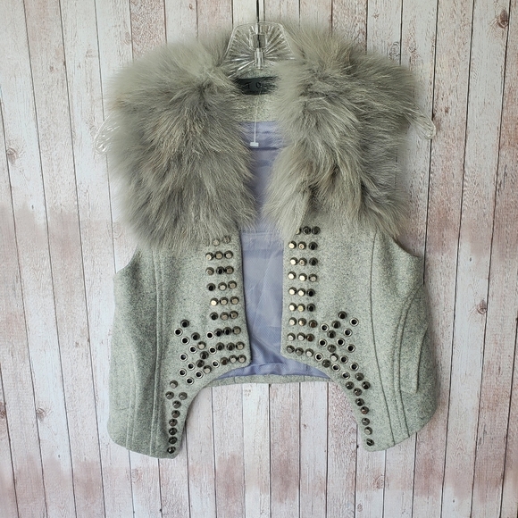 NEW TOV Holy G Grey Studded Fox Fur Vest